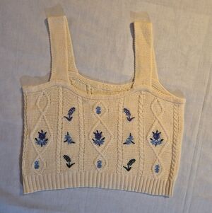 Cottagecore Embroidered Knit Crop Top Cream With Blue Purple Flowers